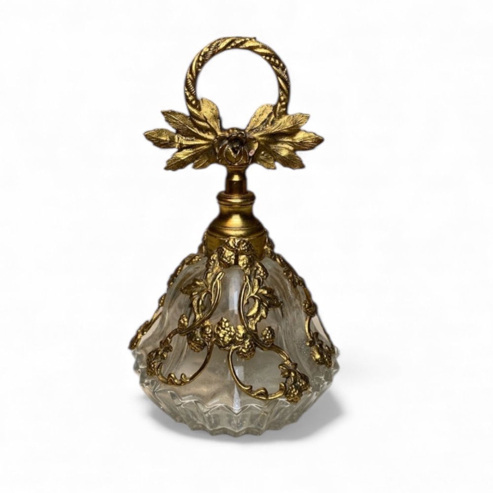 Vintage Brass Filigree and Crystal Perfume Bottle